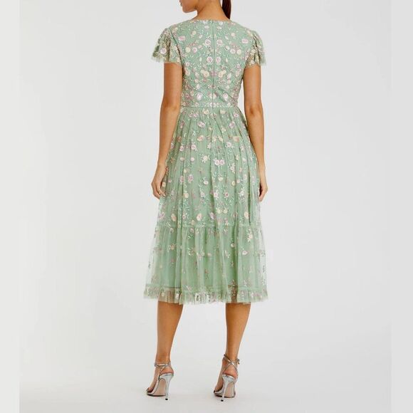 Mac Duggal 35104 Size 16‎ Green Floral Embroidered V-Neck Cap Sleeve Midi Dress - Picture 5 of 5